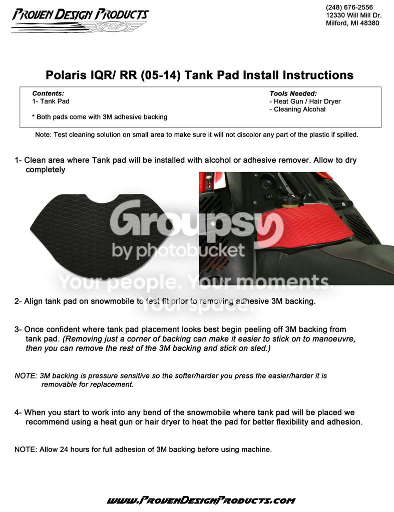 Polaris IQR Snowmobile Tank Pad Installation Sheet